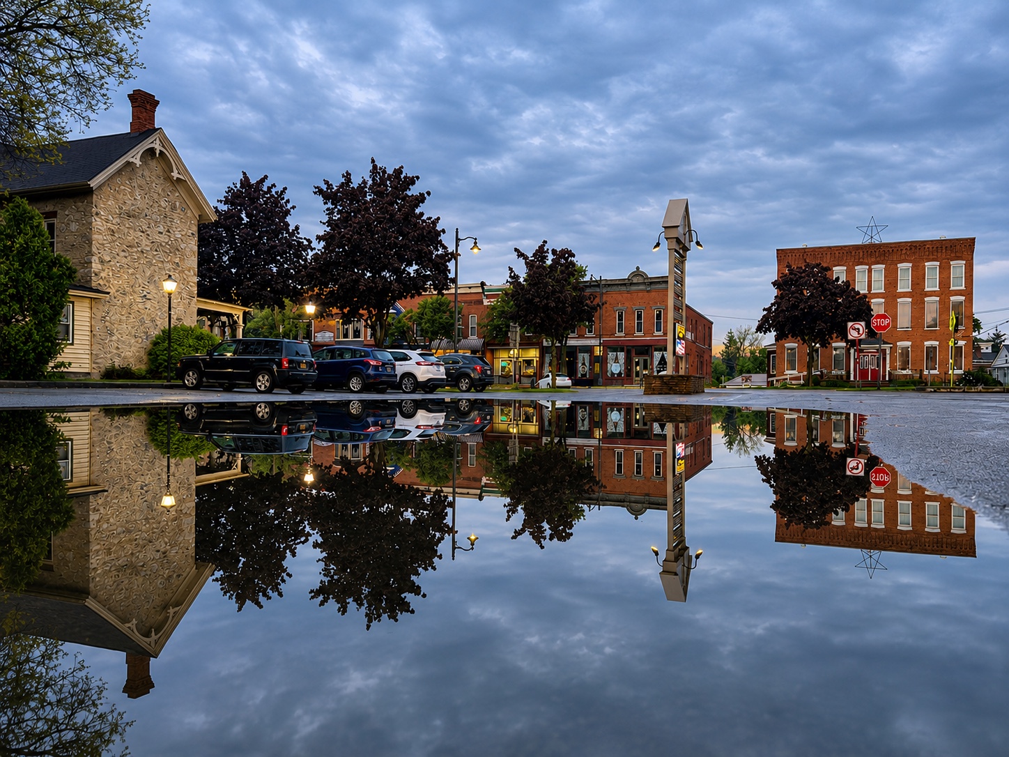 A small-town streetscape reflected in rainwater.